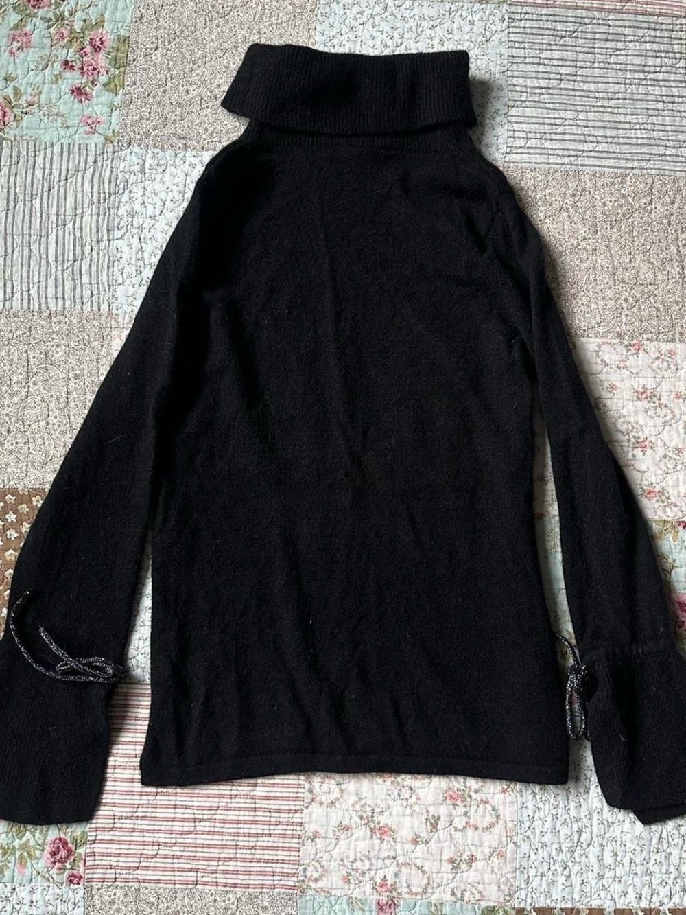 Neiman Marcus black cashmere turtleneck sweater with bell sleeves & bow